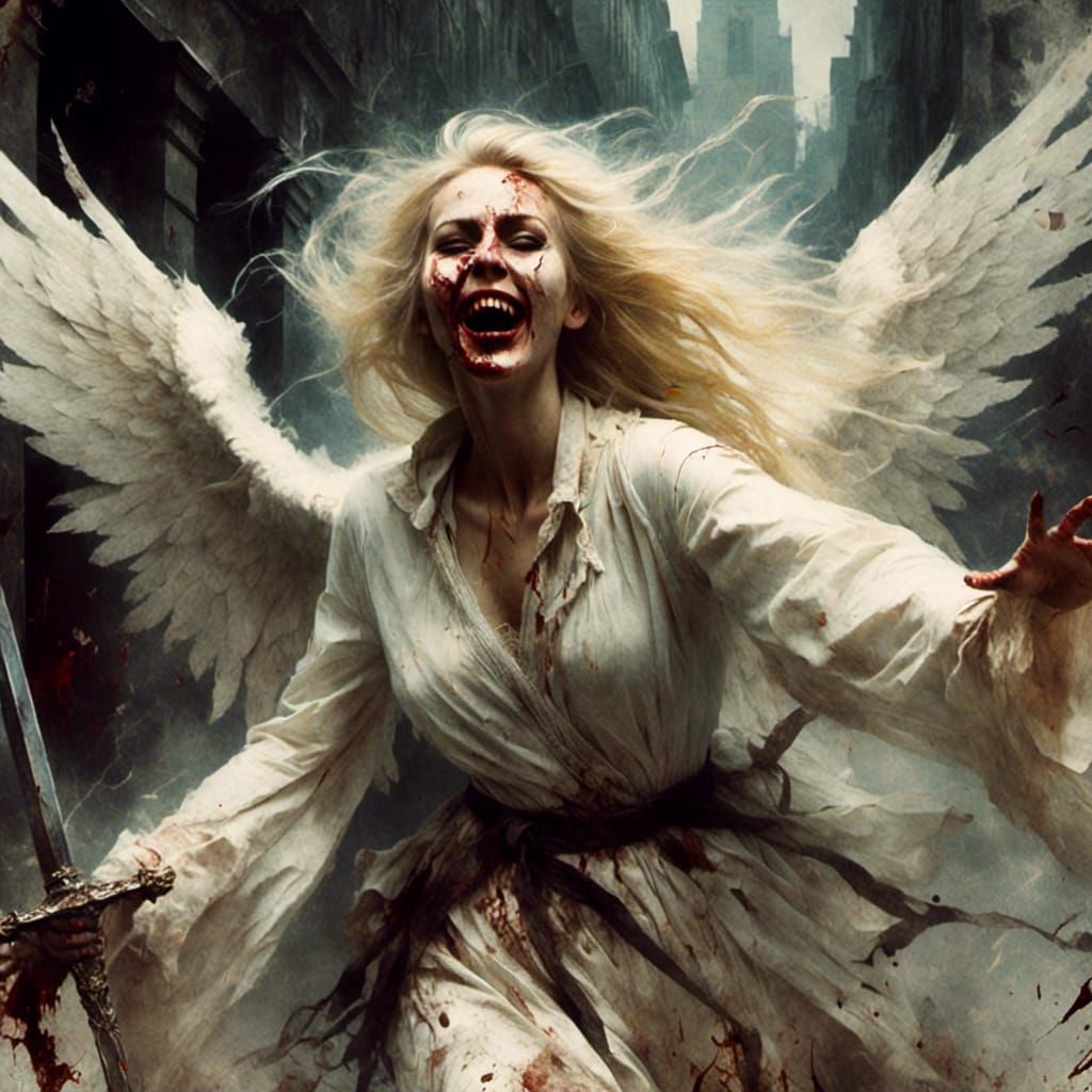 Blonde Angel Attacks People with Sword in Streets