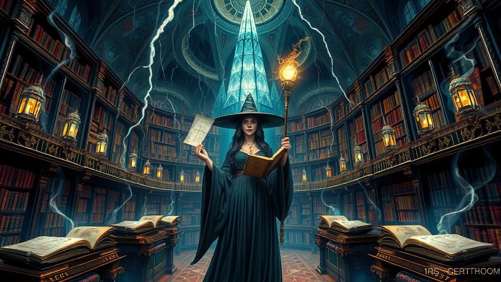 Mystical Sorceress in Labyrinthine Library with Storm