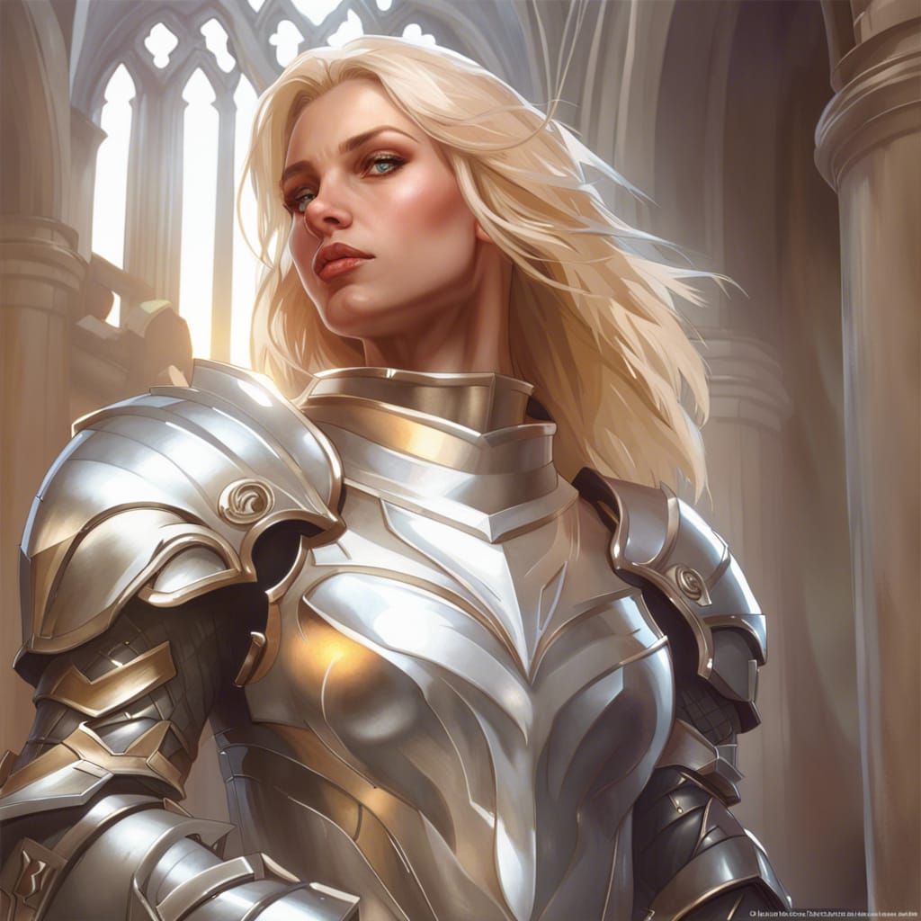 Blonde Paladin in Silver Armor: Detailed Portrait