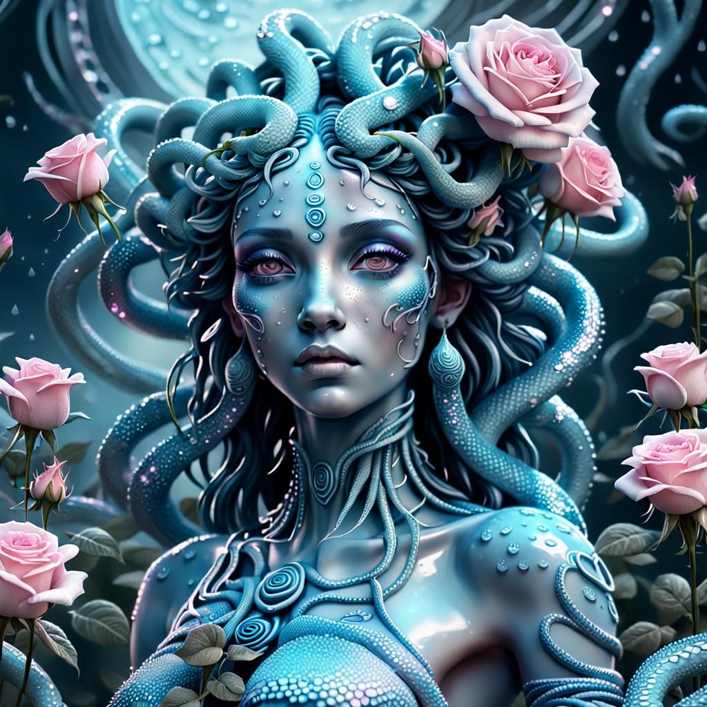 Pale Blue Medusa with Roses: Holographic Cosmic Illustration