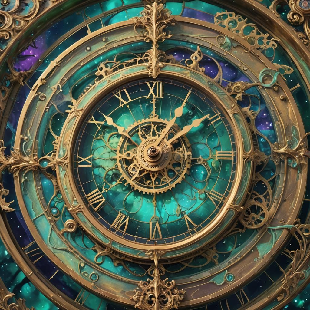 Antique Clock Surrounded by Aurora in Fantasy Realist Style