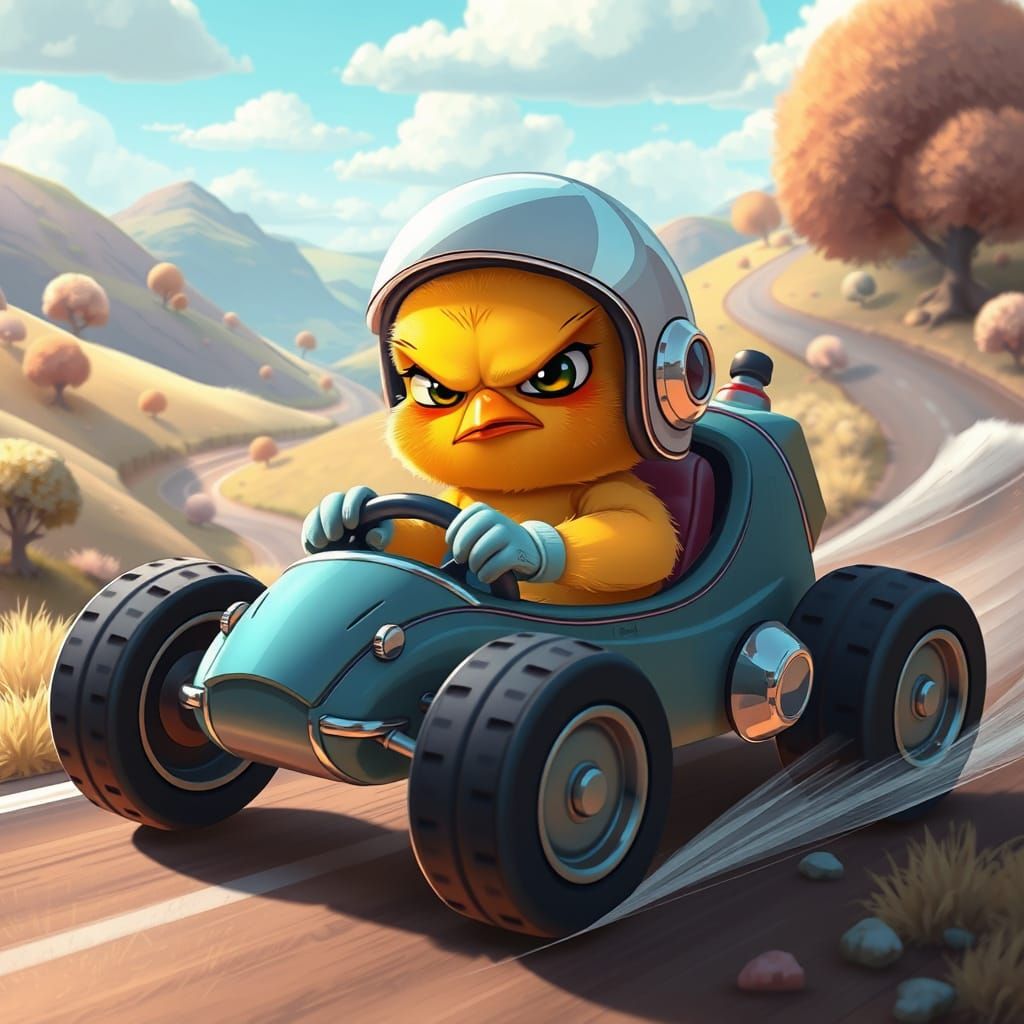 Cartoon Chick Races Through Whimsical Landscape