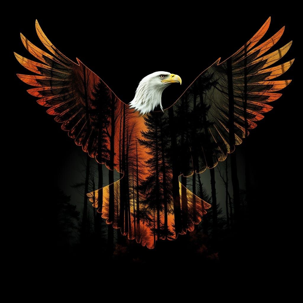 Mystical Forest Within Eagle Silhouette: Double Exposure Art