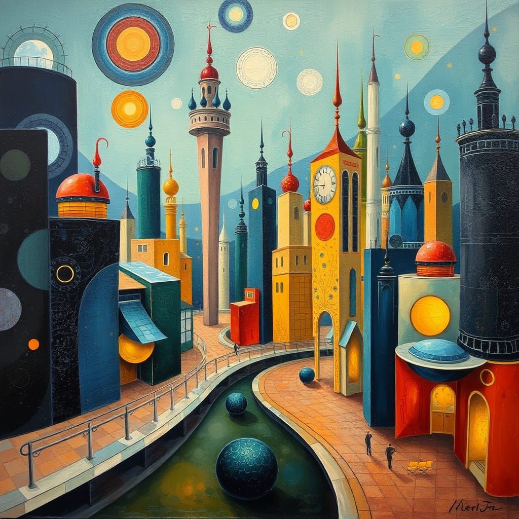 Futuristic City in Surrealist Oil Painting Style