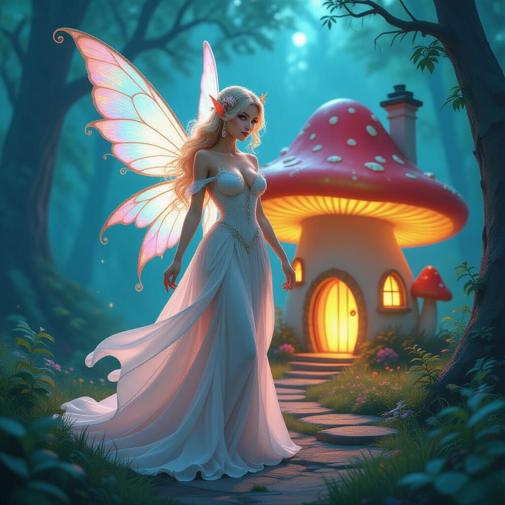 Muscular Fairy Beside Mushroom House in Bioluminescent Fores...