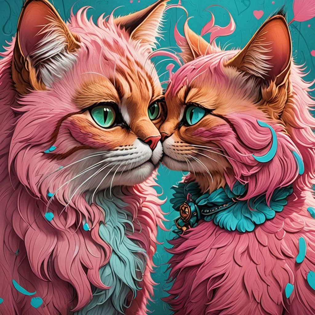 Cartoon Cats Kissing in Whimsical Scene