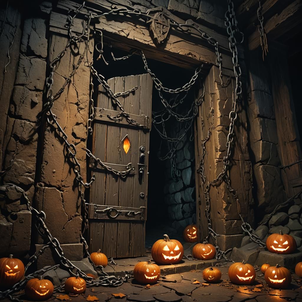 Monster Emerges from Ancient Door in Dark Fantasy Cave