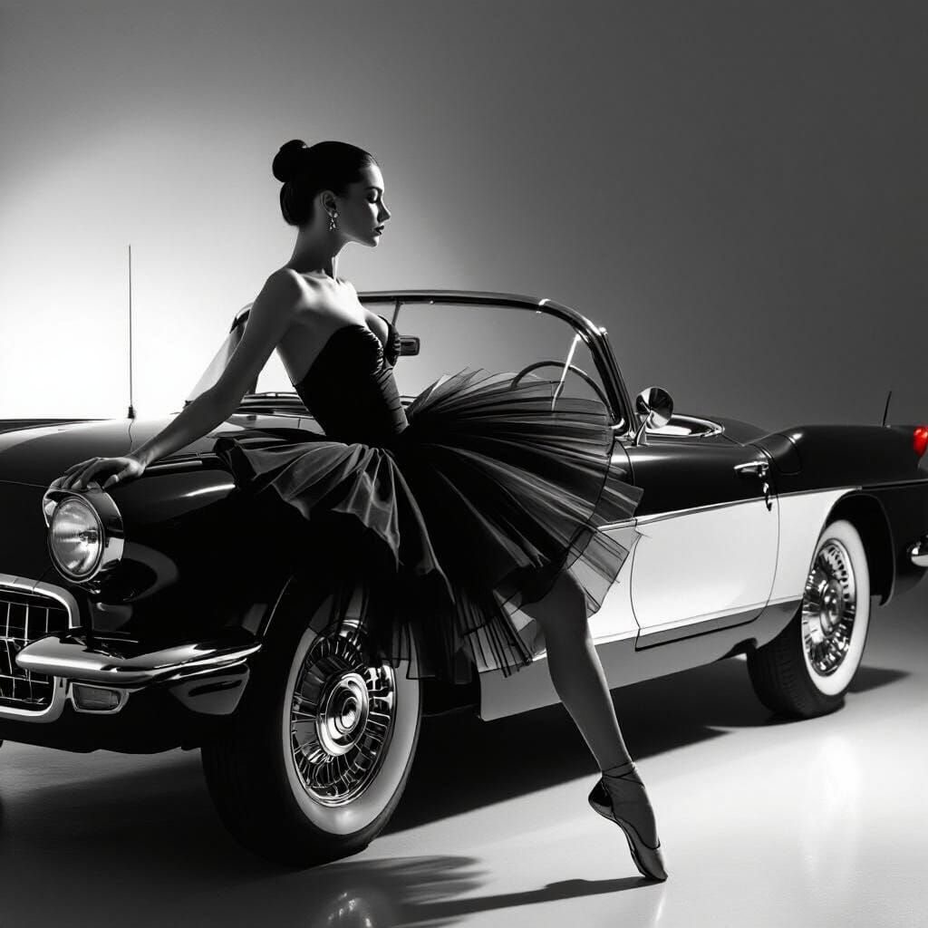 Ballerina Poses Sensually by 1958 Corvette in Sunrise Light