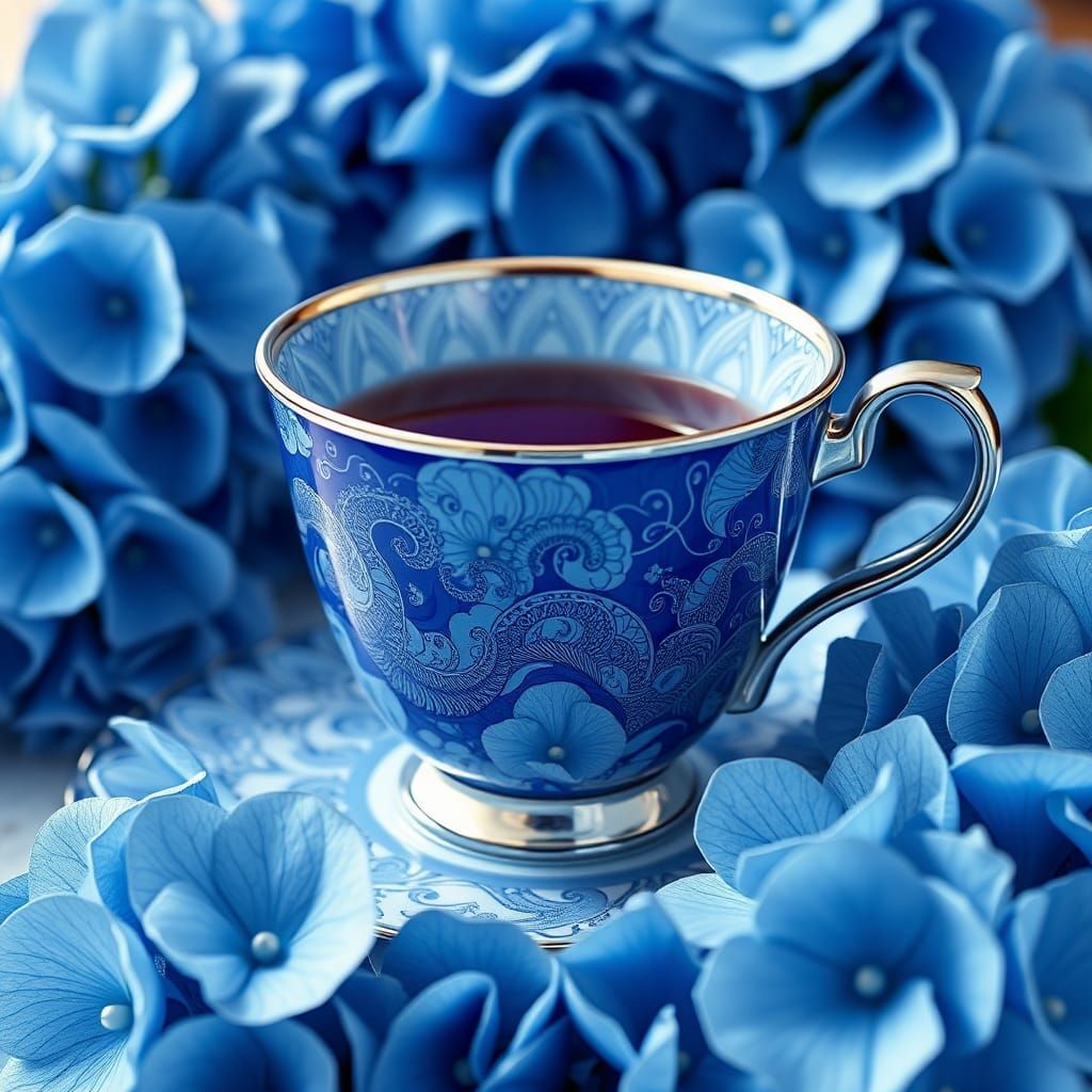 Blue Teacup with Hydrangeas in Digital Art Style