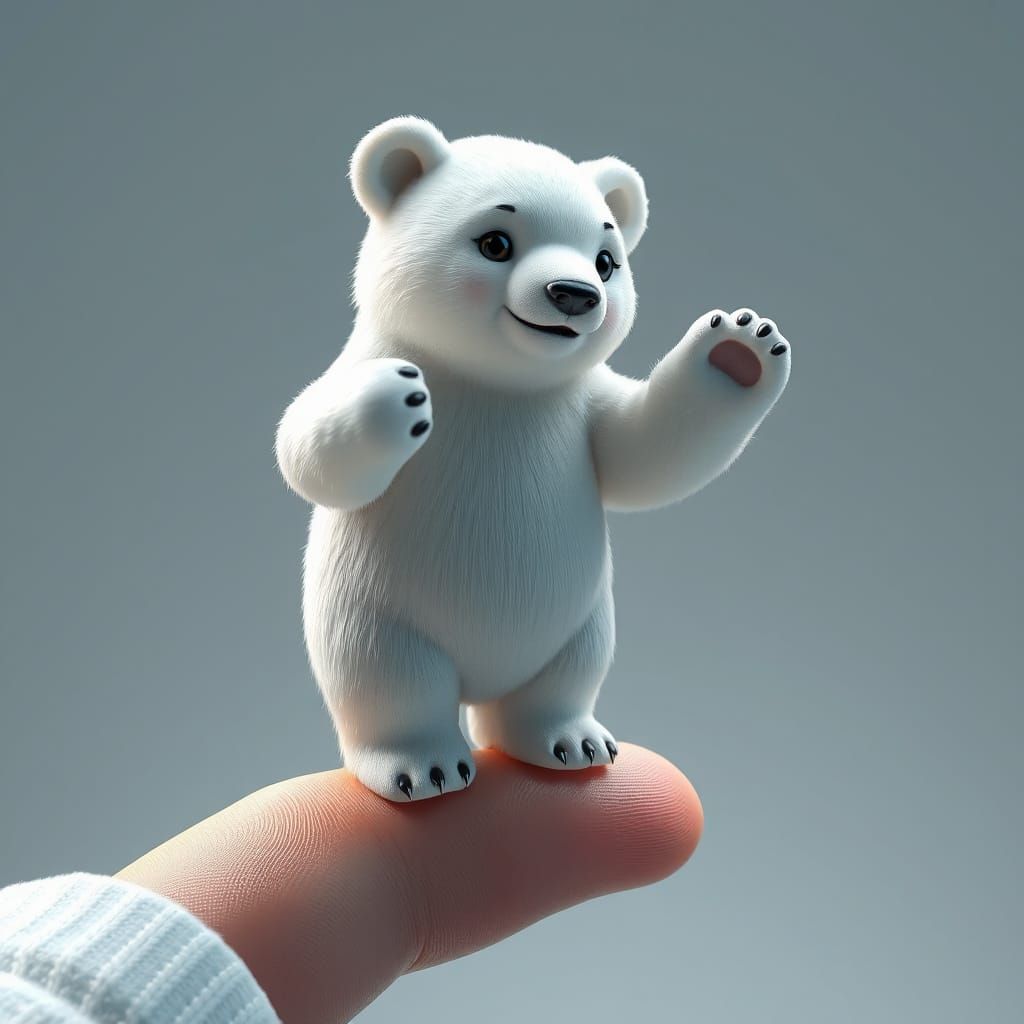 Tiny Dancing Polar Bear on Thumb in Anime 3D Style