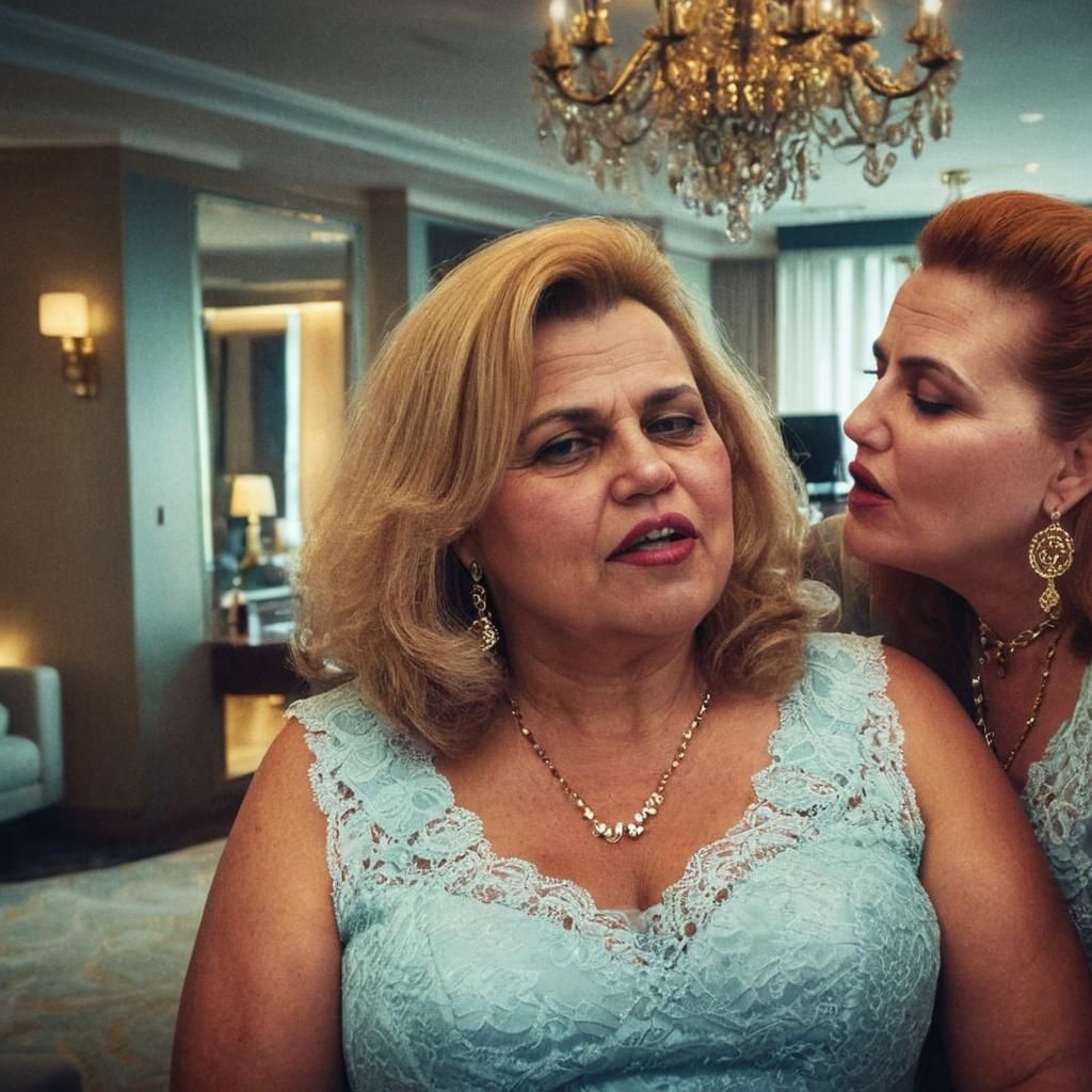 Plus-Size Women Kissing in Luxurious Hotel Suite