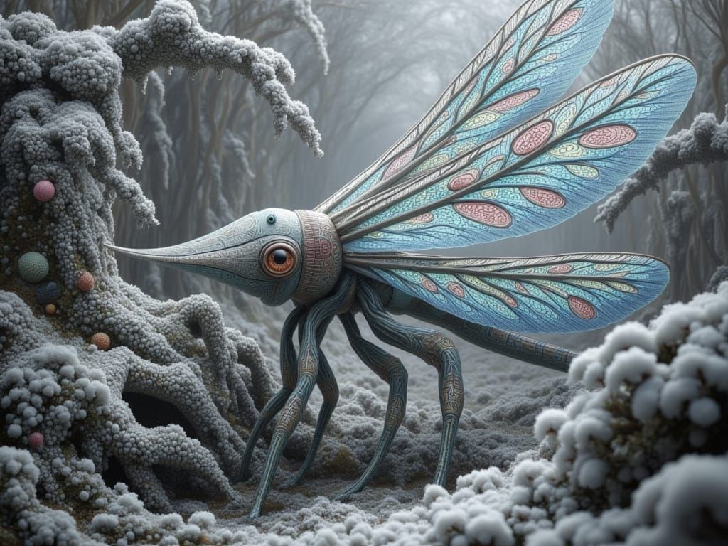 Surreal Dragonfly in Snowy Winter Garden