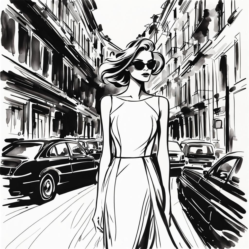 Minimalist Line Art: Vogue Model in the City