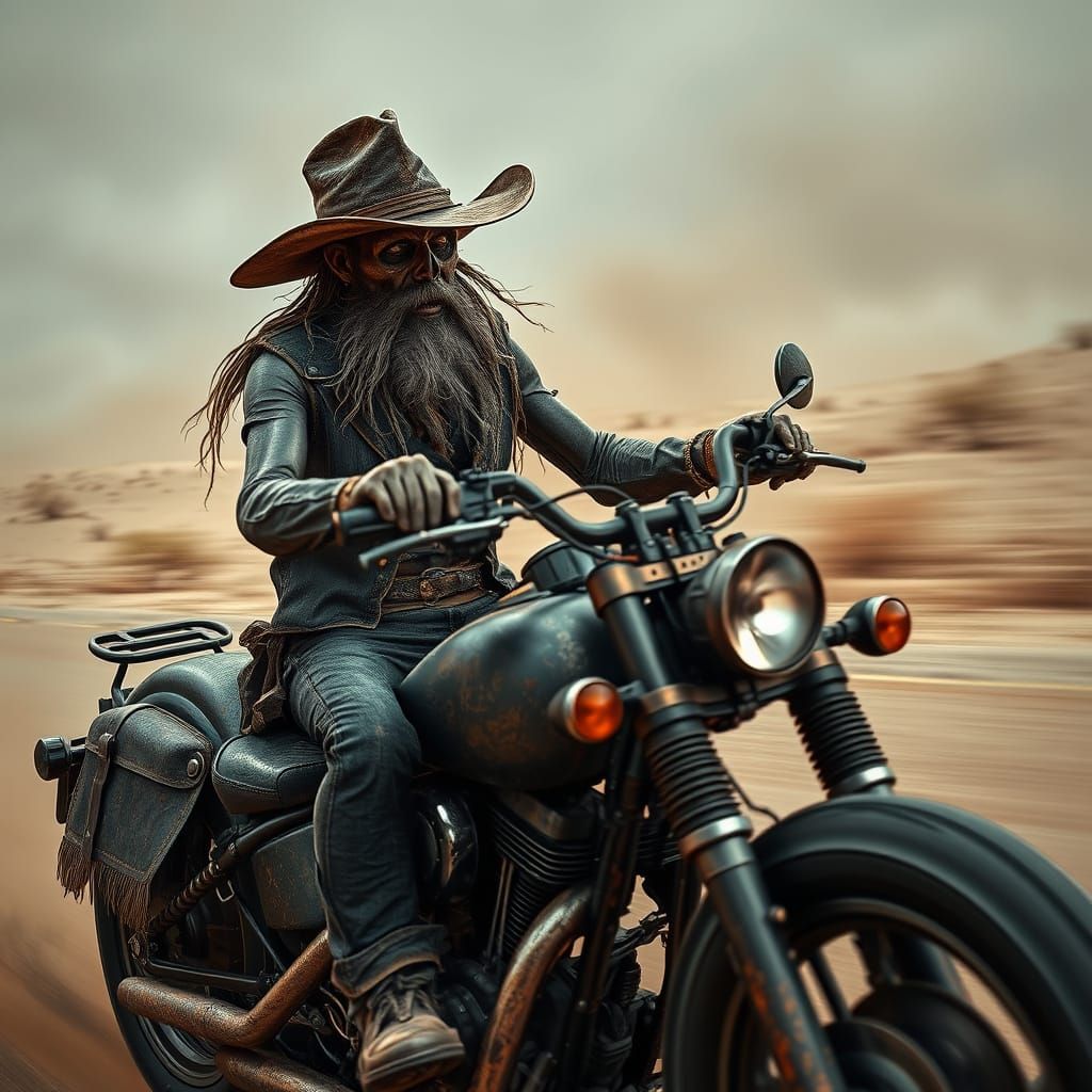 Grizzled Undead Biker Speeds Down Desert Highway