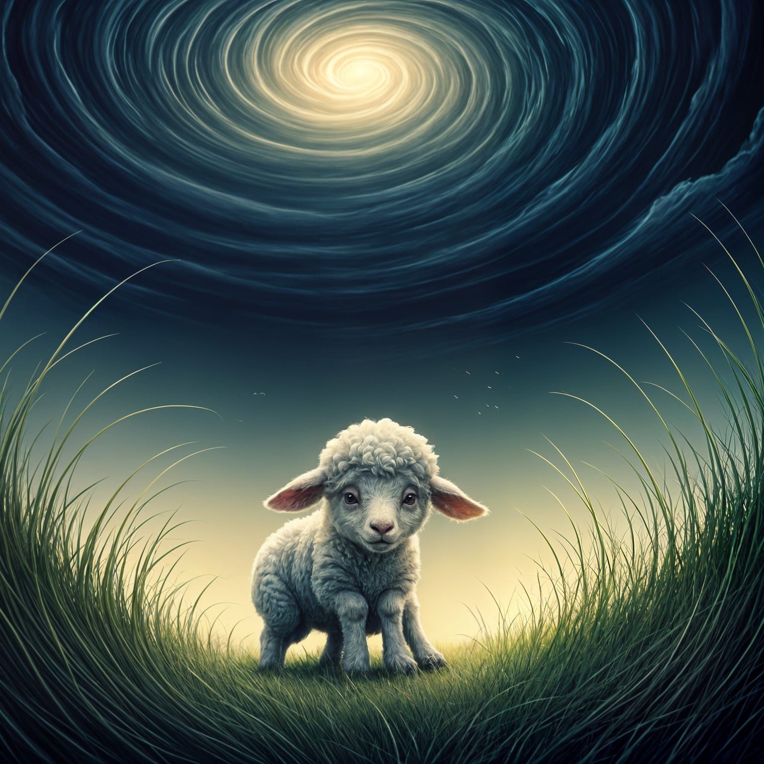 Frightened Lamb in Dreamlike Meadow: Surreal Illustration
