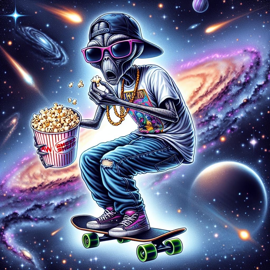 Alien Skateboarder in 90s Outfit Among the Stars