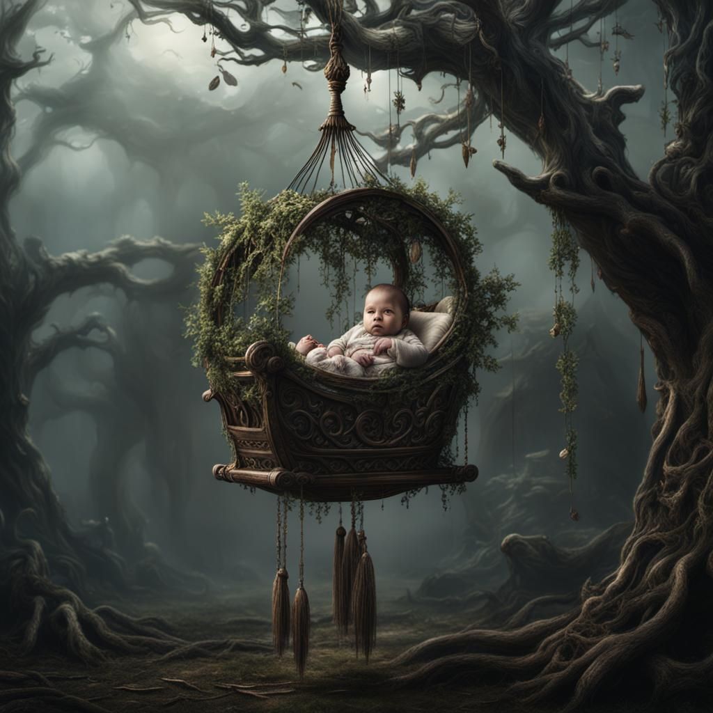 Dramatic Cradle Hanging from Tree Branches