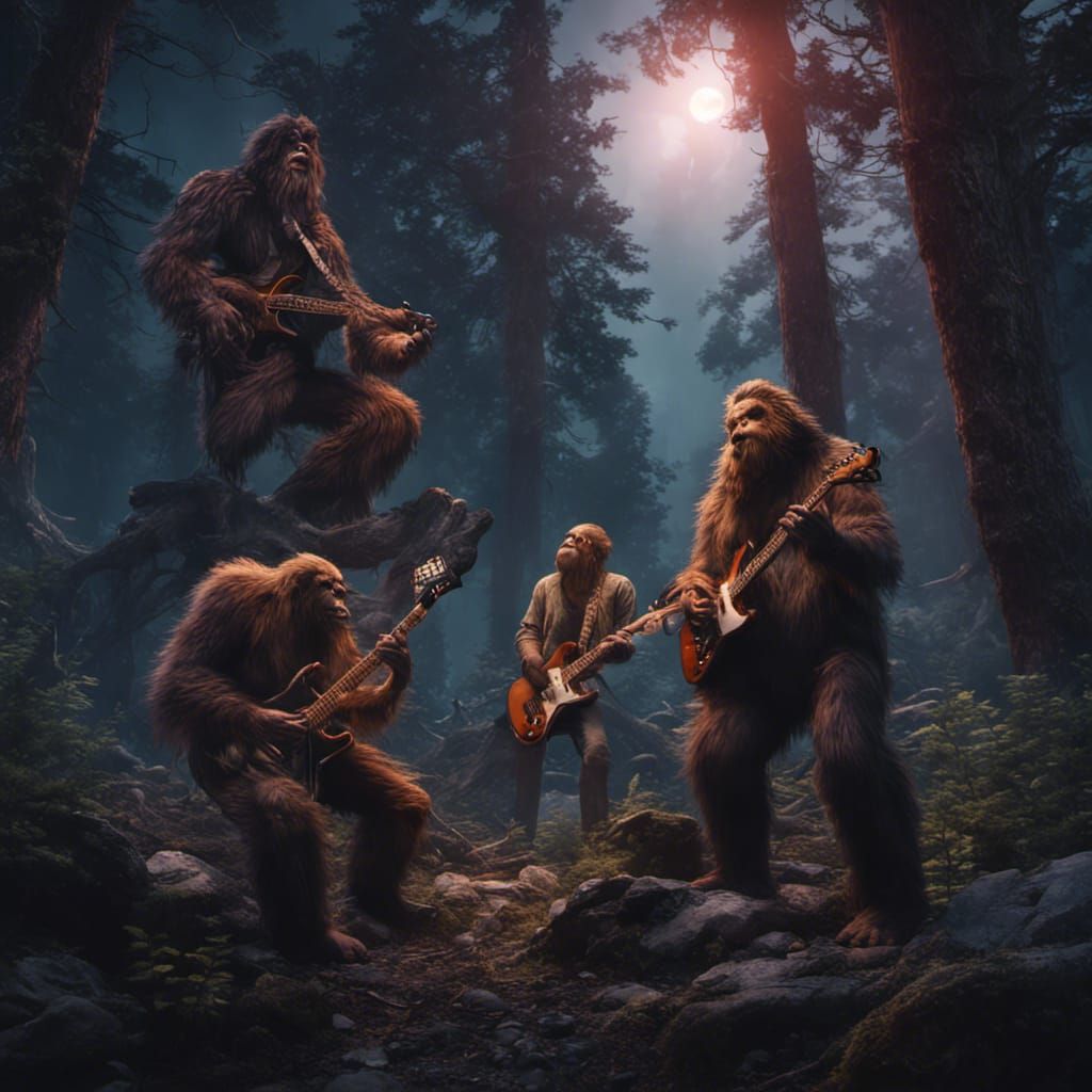 Sasquatch Rock Band in Forest: Detailed Matte Painting
