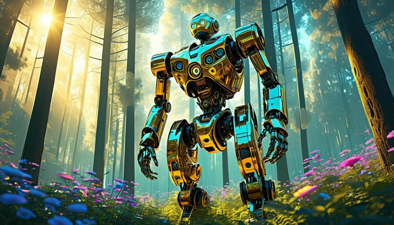 Futuristic Robot in Dreamlike Forest, as 3D Digital Art