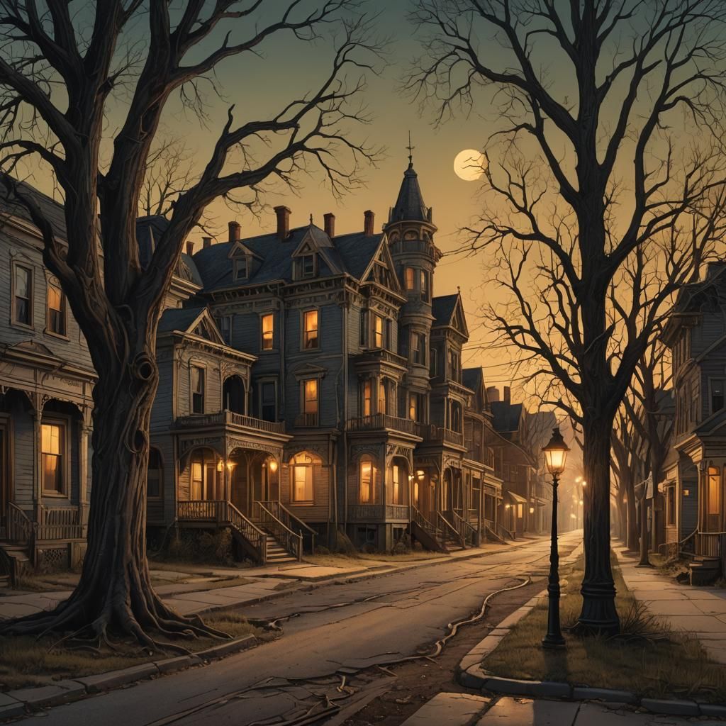 Eerie Victorian Town at Dusk in Digital Art