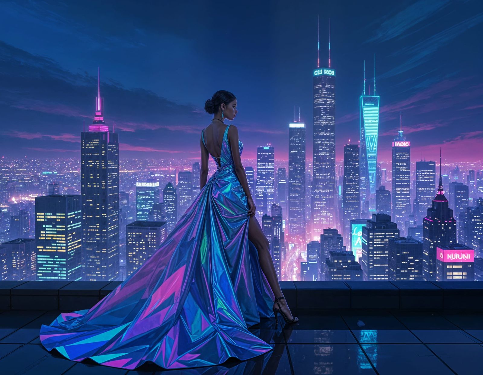 Stylish Woman in Avant-Garde Gown Overlooking Cyberpunk City