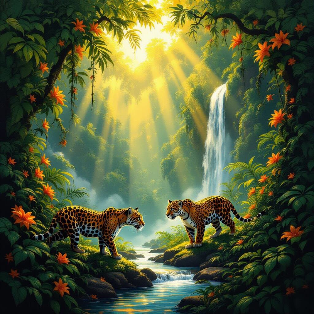Golden Rainforest with Jaguars and Waterfalls
