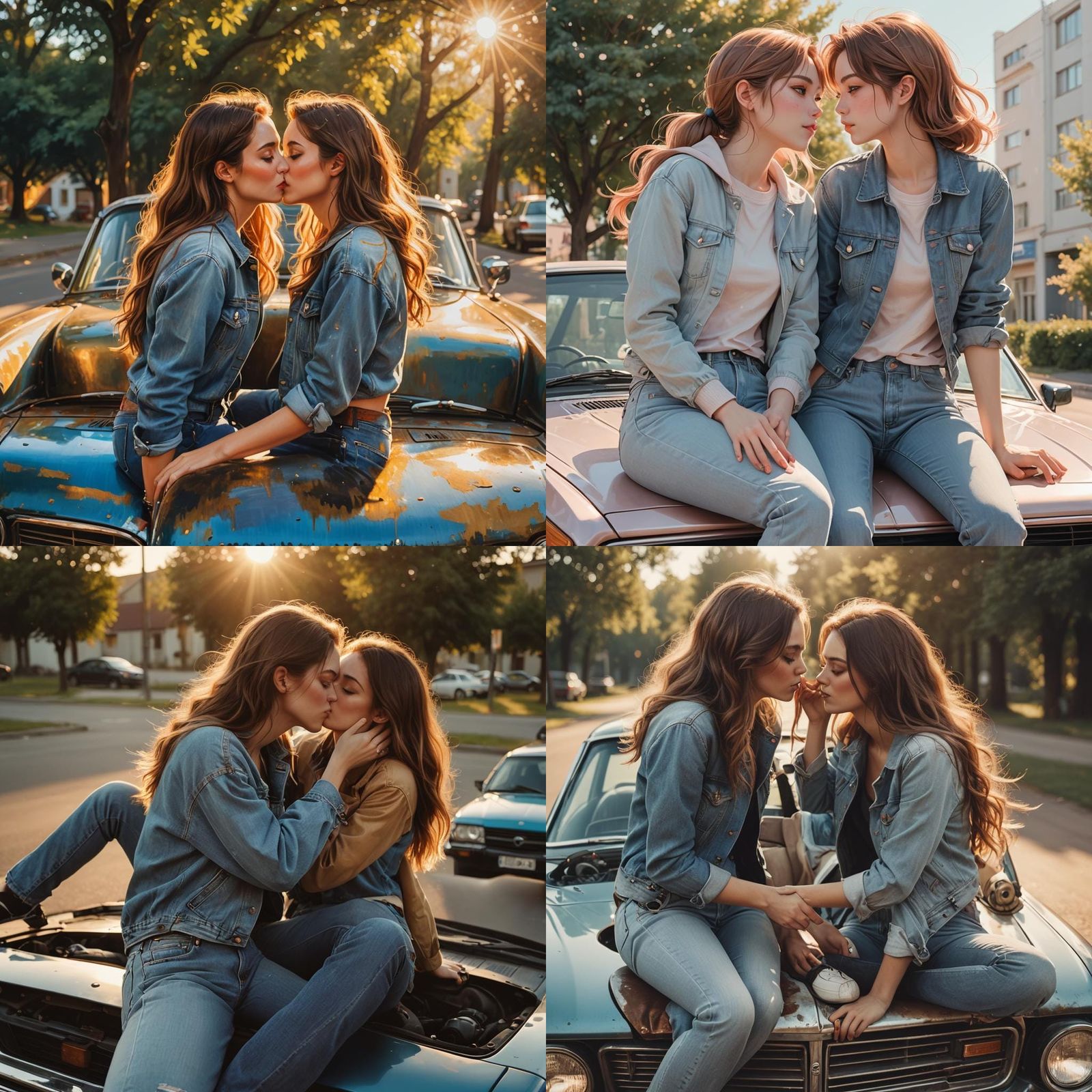 Two Women Kissing on a Car Hood