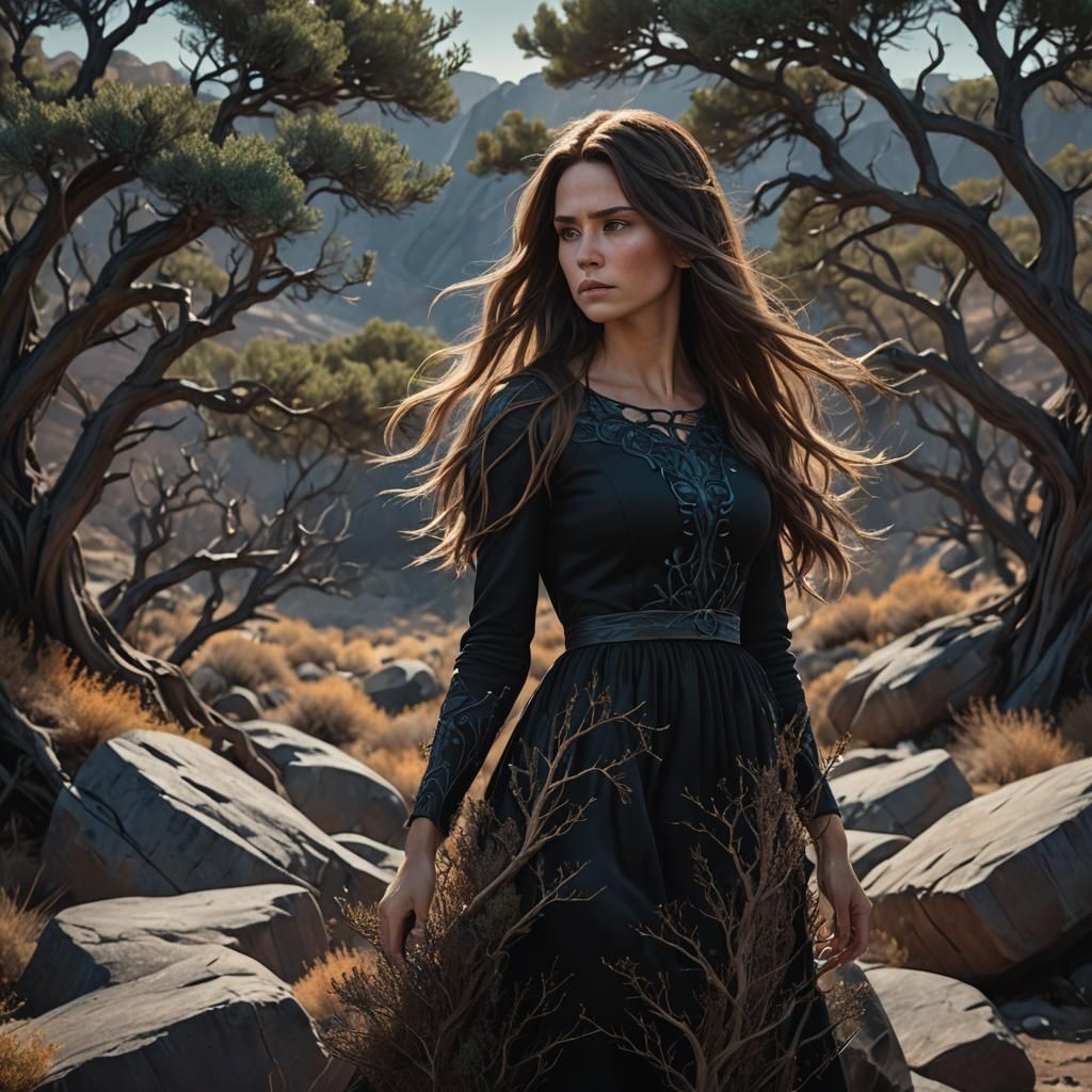 Fantasy Girl in Black Dress on Rocks