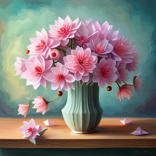 Origami Bouquet of Cherry Blossoms and Poppies