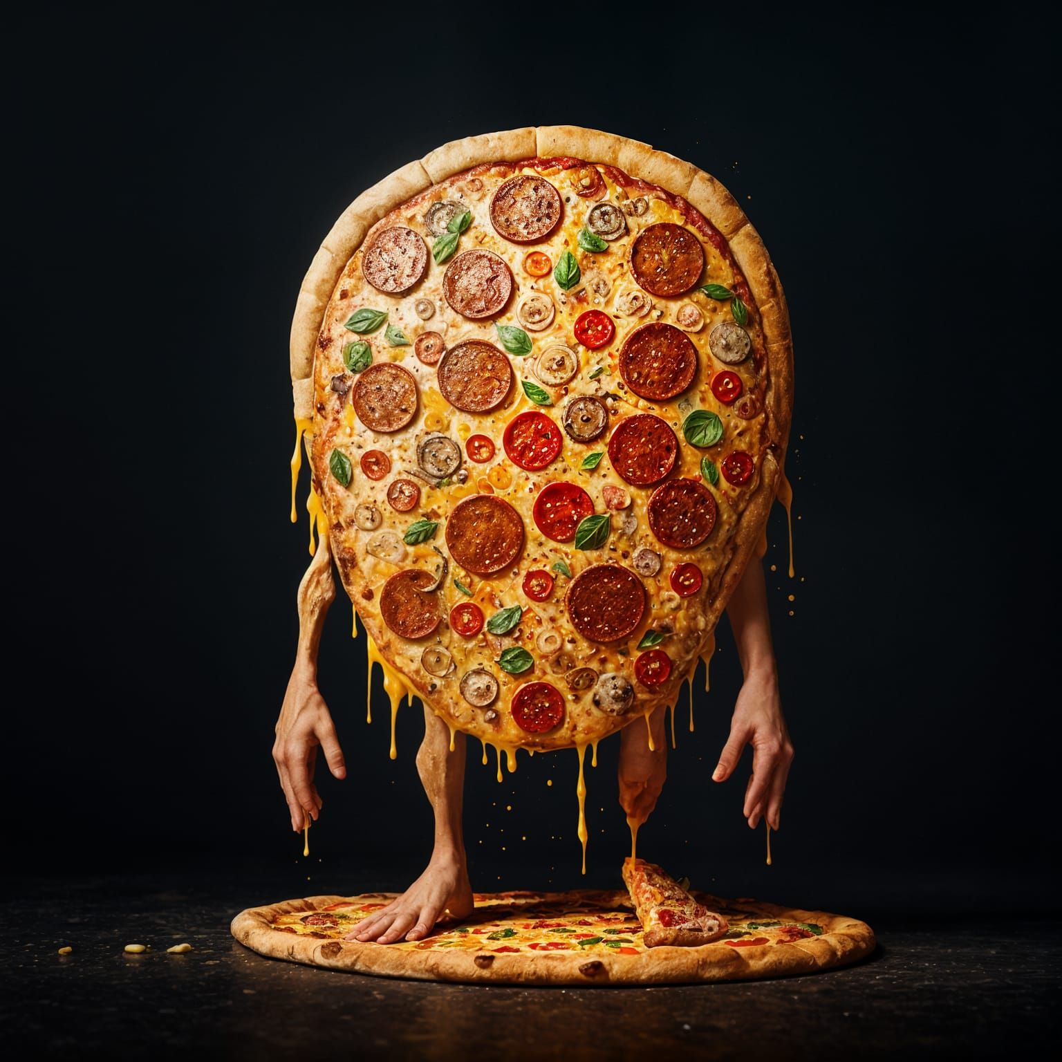 Pizza Creature in Double Exposure as Impasto Gouache