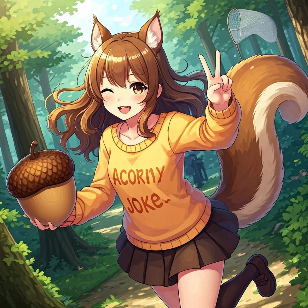 Mischievous Squirrel Anime Girl Leaping Through Forest