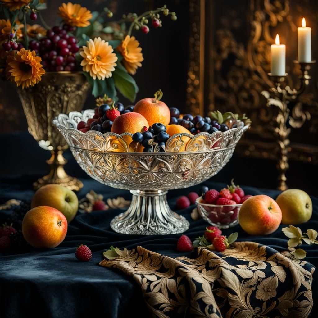 Baroque Still Life with Ornate Glass Bowl