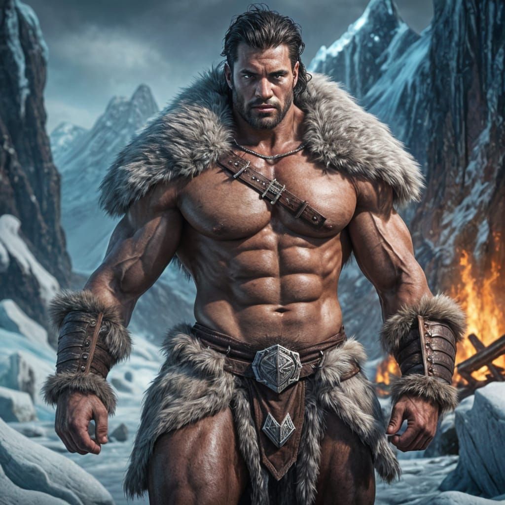 Glacier Barbarian by Fire in Detailed Matte Painting