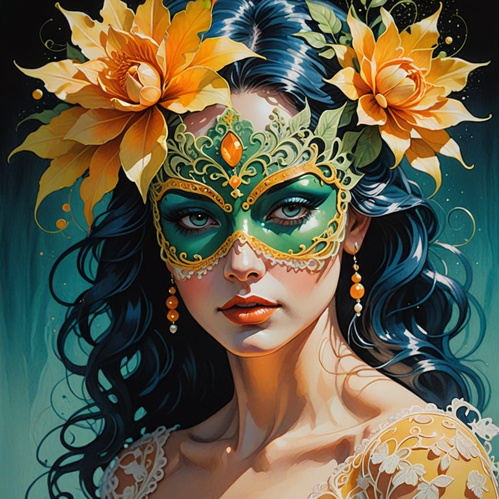 Flower Goddess in Lace Mask Oil Painting with Pearls