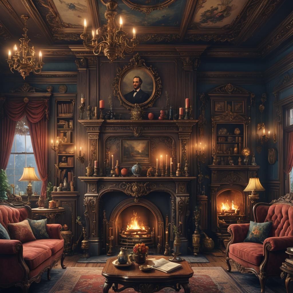 Cozy Victorian Living Room with Fireplace, Matte Painting