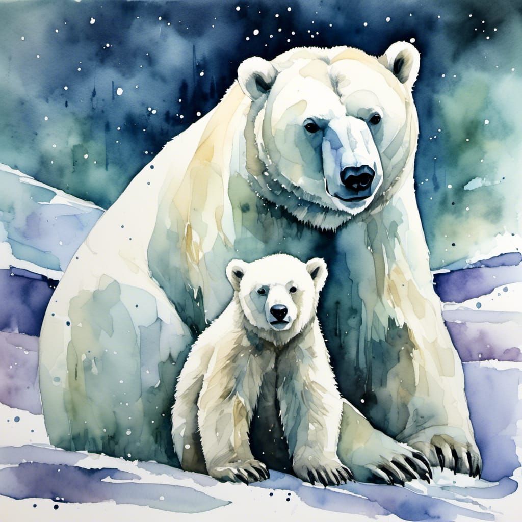 an adorable watercolor painting of a mama polar bear sitting upright while embracing her cub : snow covered ice floe, in...
