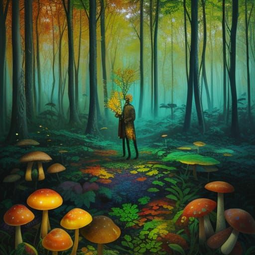 Philosopher in Surreal Forest: A Vibrant Oil Painting