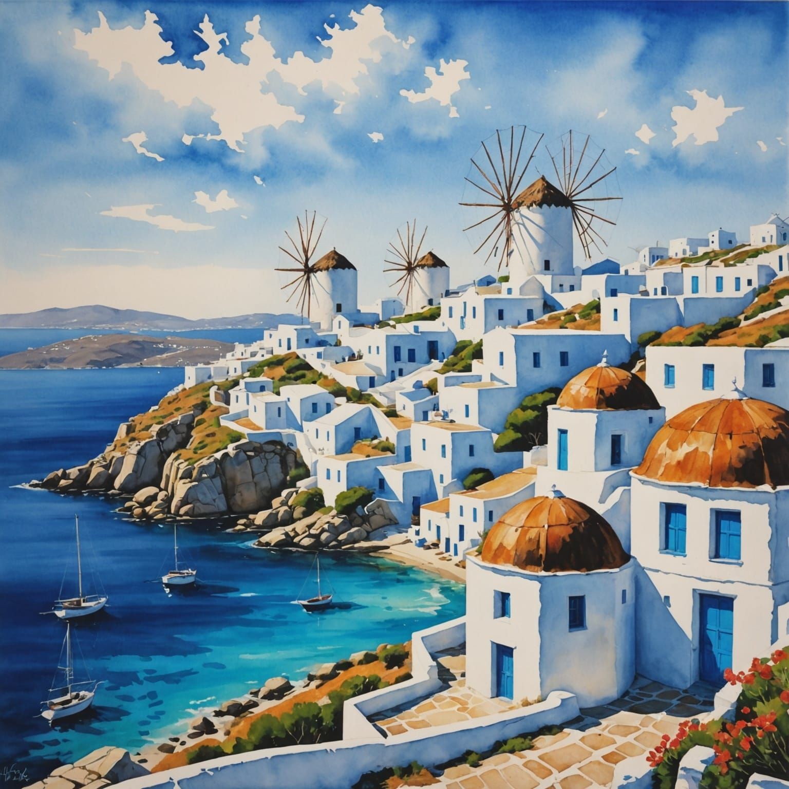Mykonos Windmills Overlooking Town in Acrylic Watercolor