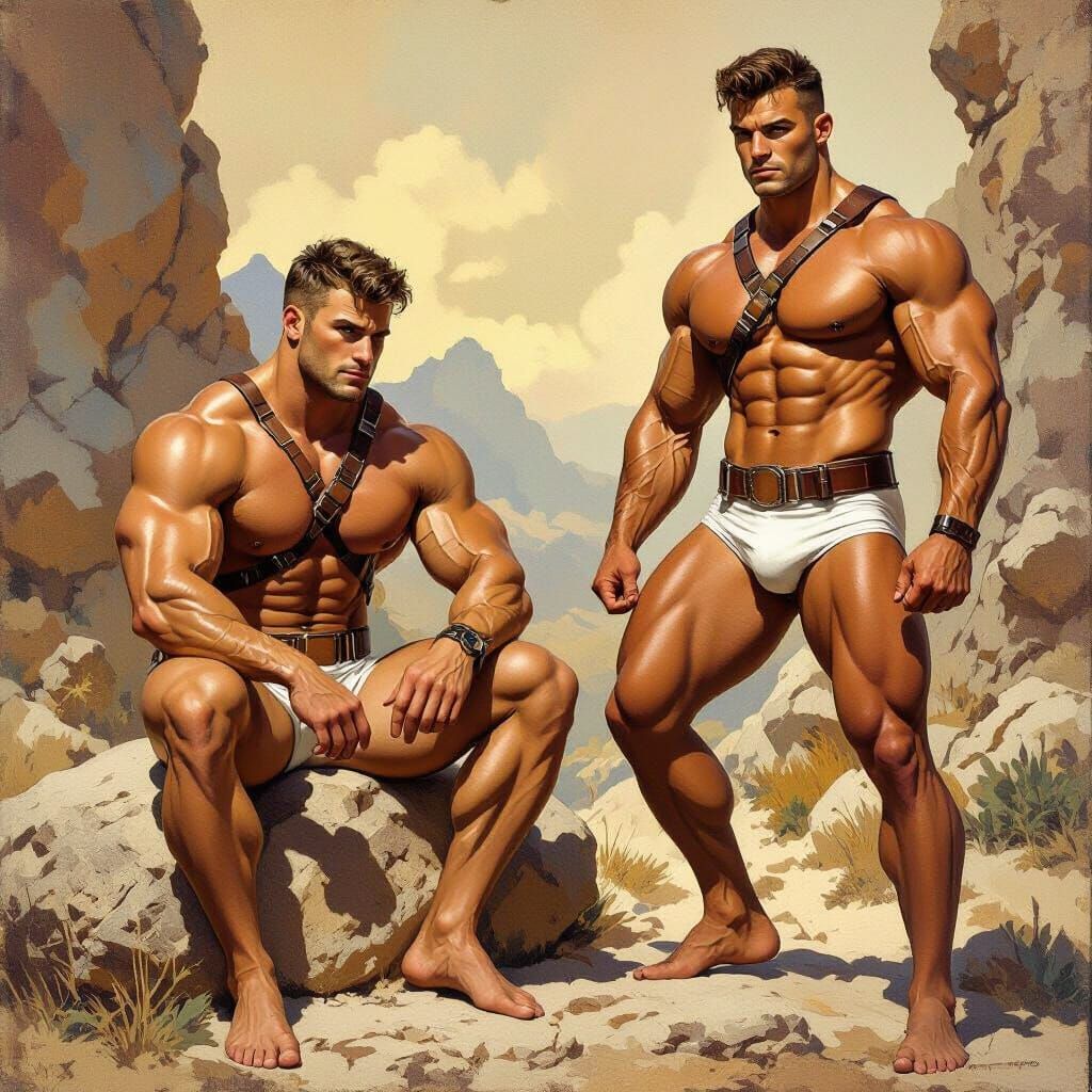 Muscular Men in Rocky Landscape in Heroic Fantasy Style