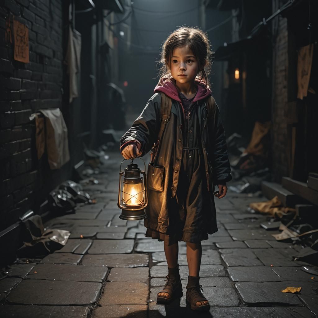 Hyperrealistic Lantern Girl in Dark Alley