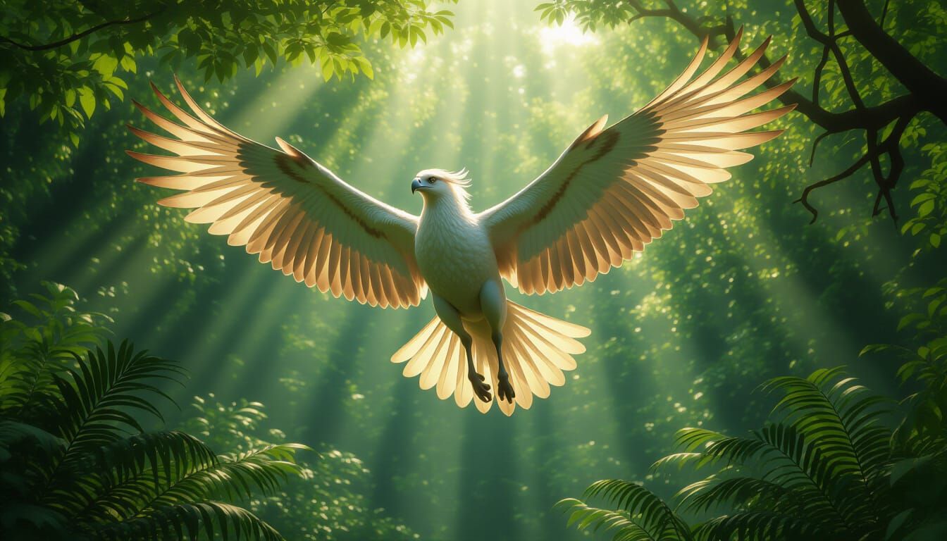 Majestic Hippogriff Soars Over Emerald Forest Canopy
