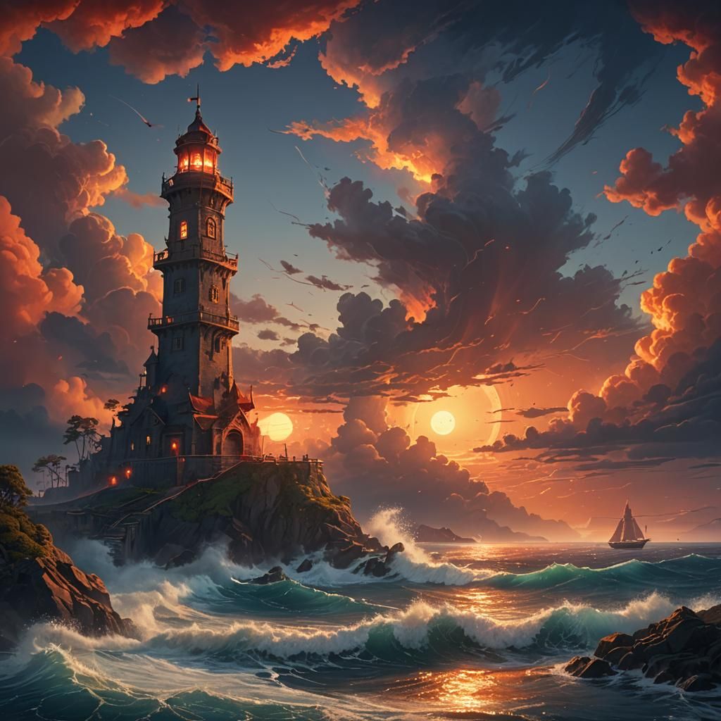 Fantasy Tower by the Sea at Sunset