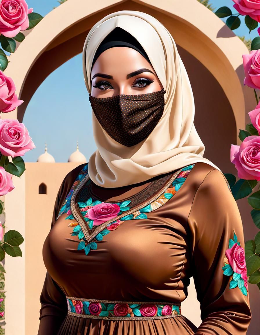 Mosaic Portrait of Hijabi Woman with Roses