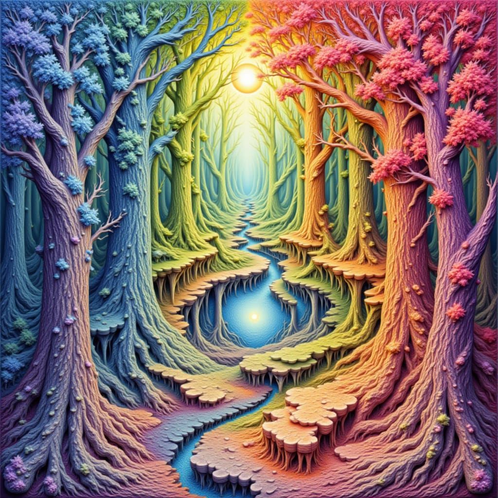 Escher-Inspired Forest Sketch with Rainbow Hues