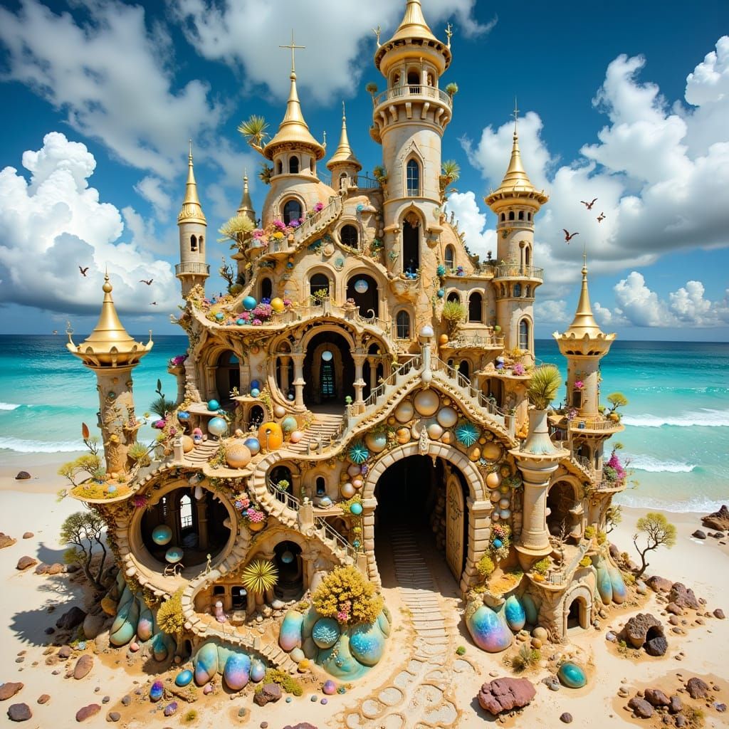 Surreal Gold Sandcastle with Pearls and Shells