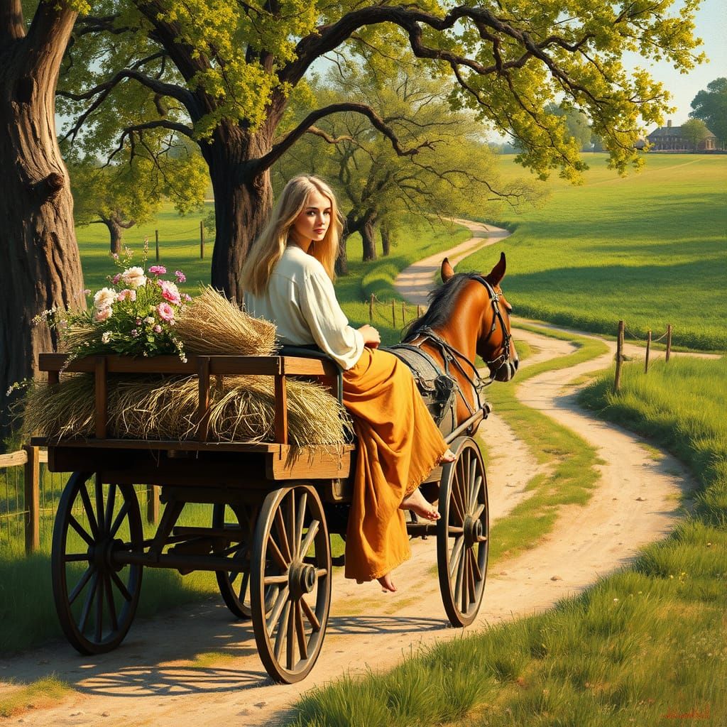 Golden-Haired Farm Woman Guides Horse-Drawn Carriage Through...