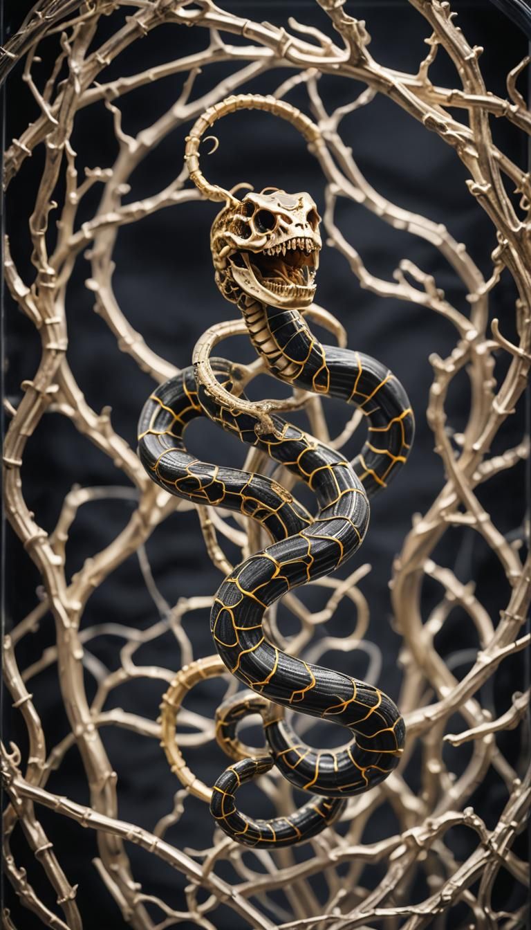 Metal Snake Skeleton in Glass Case: Macro Photography