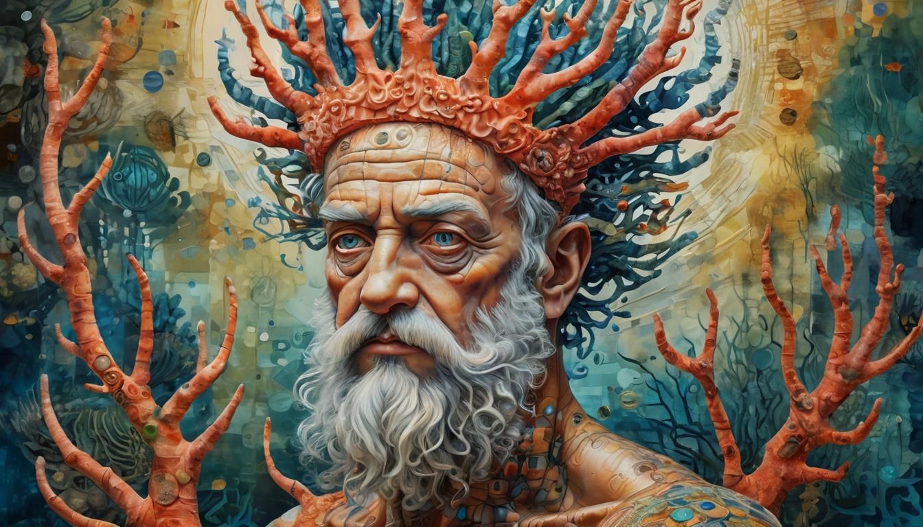 Neptune in Coral Reef: A Vibrant Art Brut Portrait