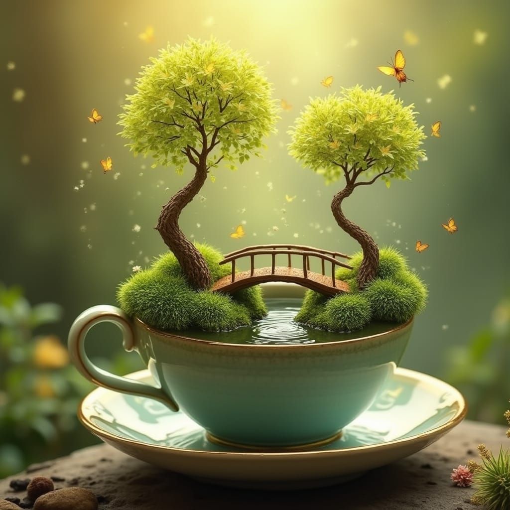 Miniature Mossy Forest in Teacup, Whimsical Style