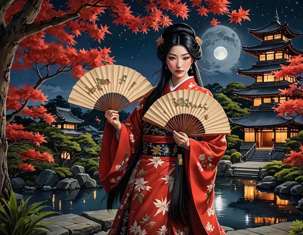 Japanese Princess in Castle Garden at Night
